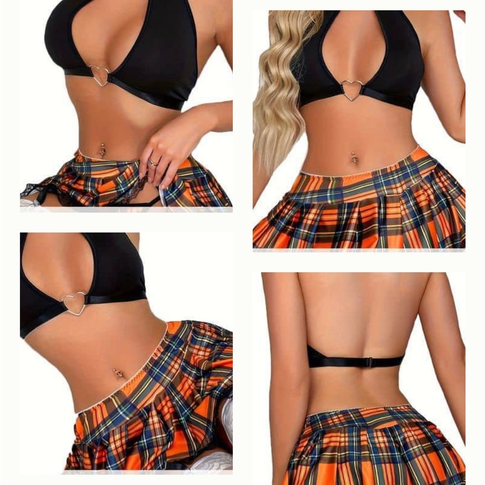 2 pcs sexy color Black Lingerie set with Hollow tube to Plaid Lace Skirt